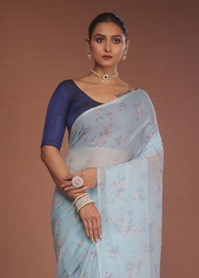 Blue Handloom Chiffon Pure Silk Saree With Blouse Piece