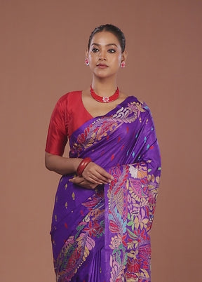 Blue Handloom Kantha Stitch Pure Silk Saree With Blouse Piece