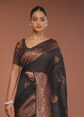 Black Tussar Pure Silk Saree With Blouse Piece