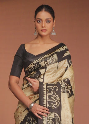 Cream Printed Pure Silk Saree Without Blouse Piece