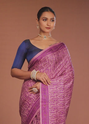 Purple Handloom Printed Pure Silk Saree Without Blouse Piece