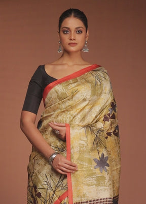 Cream Printed Pure Silk Saree Without Blouse Piece