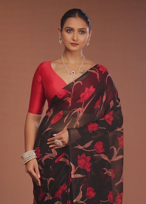 Black Handloom Chiffon Pure Silk Saree With Blouse Piece