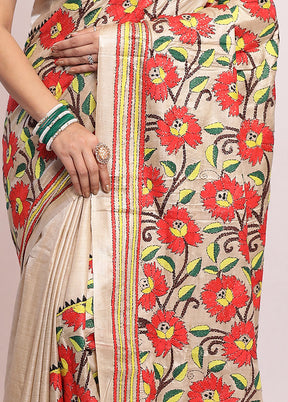 Cream Kantha Stitch Pure Silk Saree With Blouse Piece - Indian Silk House Agencies