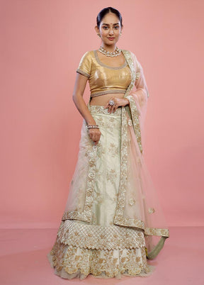 3 Pc Lemon Green Semi Stitched Silk Lehenga Set - Indian Silk House Agencies