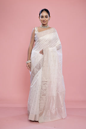 White Chanderi Pure Cotton Saree With Blouse Piece - Indian Silk House Agencies