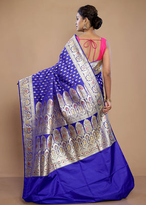Blue Banarasi Pure Silk Saree With Blouse Piece - Indian Silk House Agencies