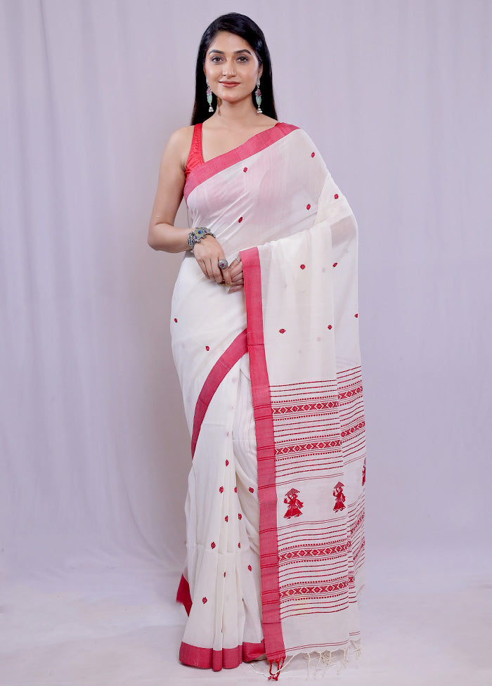 White Khadi Cotton Saree With Blouse Piece - Indian Silk House Agencies