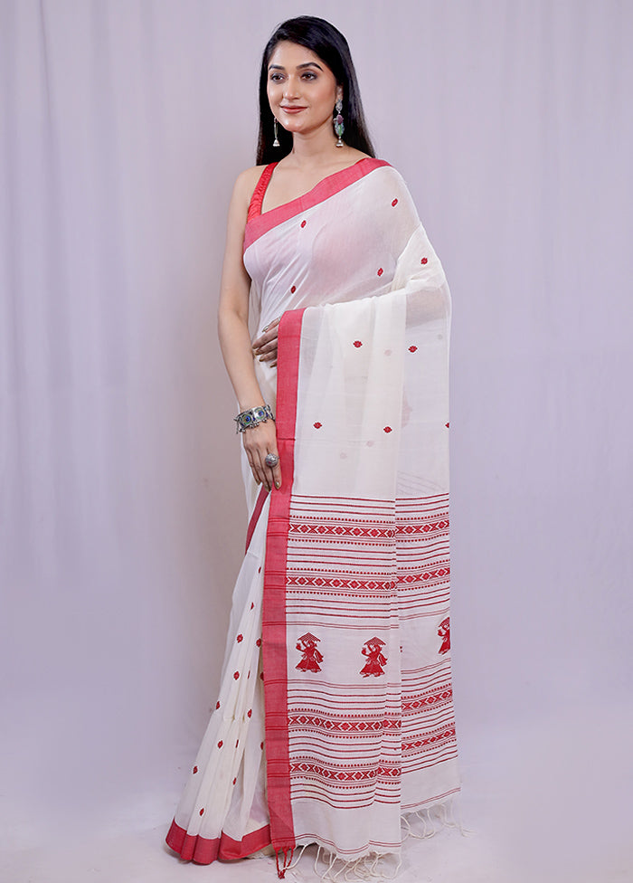 White Khadi Cotton Saree With Blouse Piece - Indian Silk House Agencies