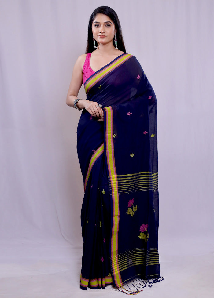 Blue Khadi Cotton Saree With Blouse Piece - Indian Silk House Agencies
