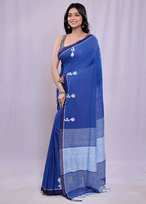 Blue Khadi Cotton Saree With Blouse Piece - Indian Silk House Agencies