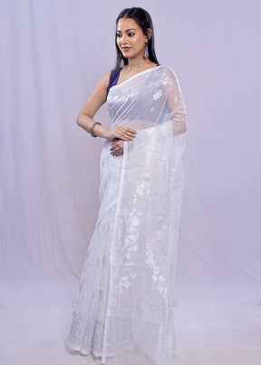 White Tant Cotton Saree Without Blouse Piece - Indian Silk House Agencies