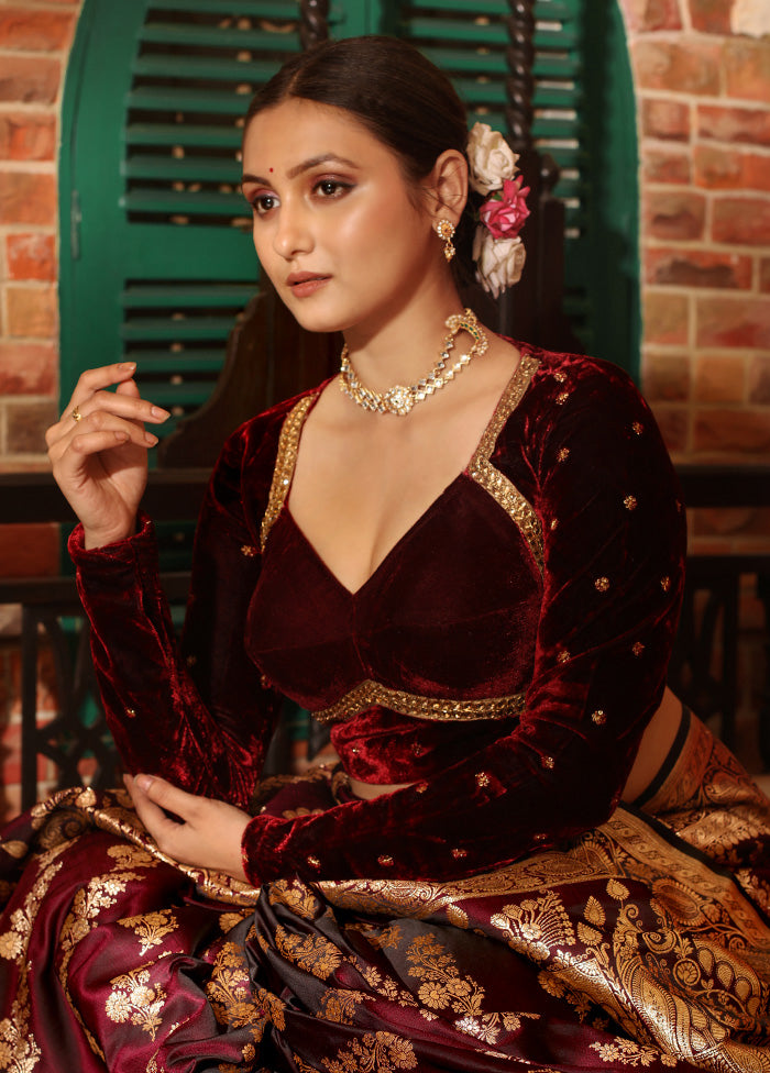 Maroon Velvet Designer Blouse - Indian Silk House Agencies