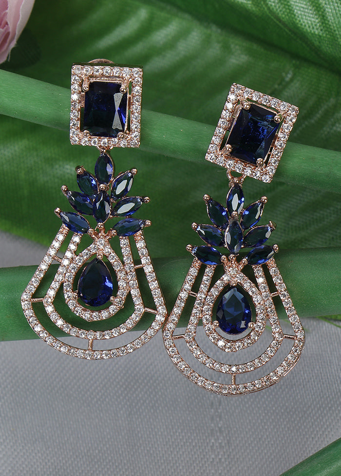 Rose Gold Plated Blue American Diamond Drop Earrings - Indian Silk House Agencies