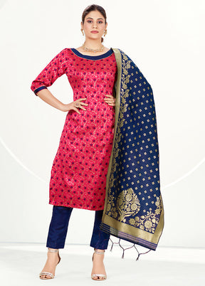 3 Pc Pink Unstitched Silk Suit Set - Indian Silk House Agencies