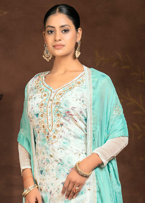 3 Pc Cream Unstitched Silk Suit Set - Indian Silk House Agencies