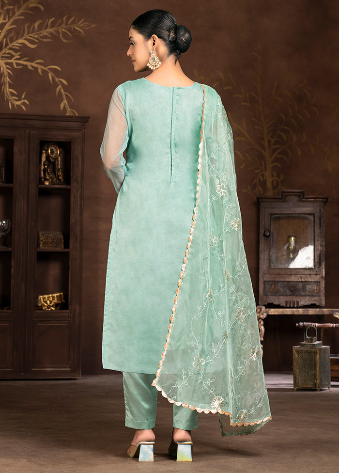 3 Pc Blue Unstitched Net Suit Set - Indian Silk House Agencies