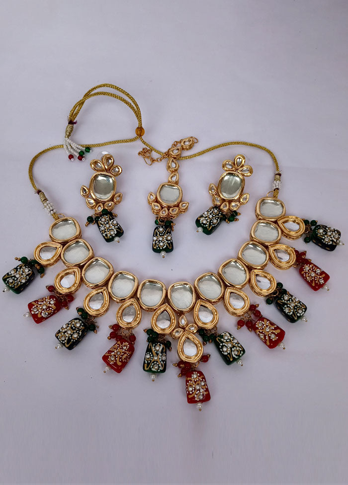 Red And Green Kundan Jewellery Set With Mangtika - Indian Silk House Agencies