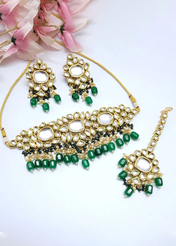 Green Kundan Polki Choker Set With Mangtika - Indian Silk House Agencies