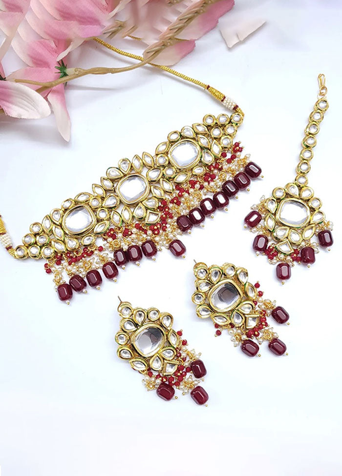Maroon Kundan Polki Choker Set With Mangtika - Indian Silk House Agencies