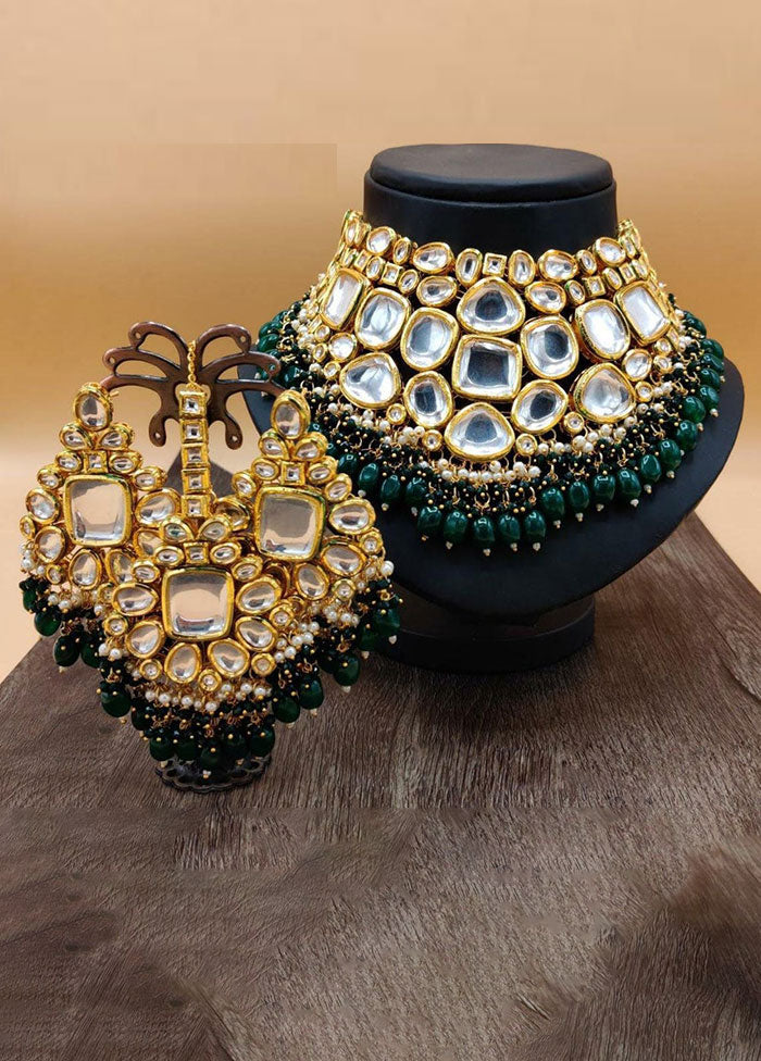 Green Kundan Polki Jewellery Set With Mangtika - Indian Silk House Agencies