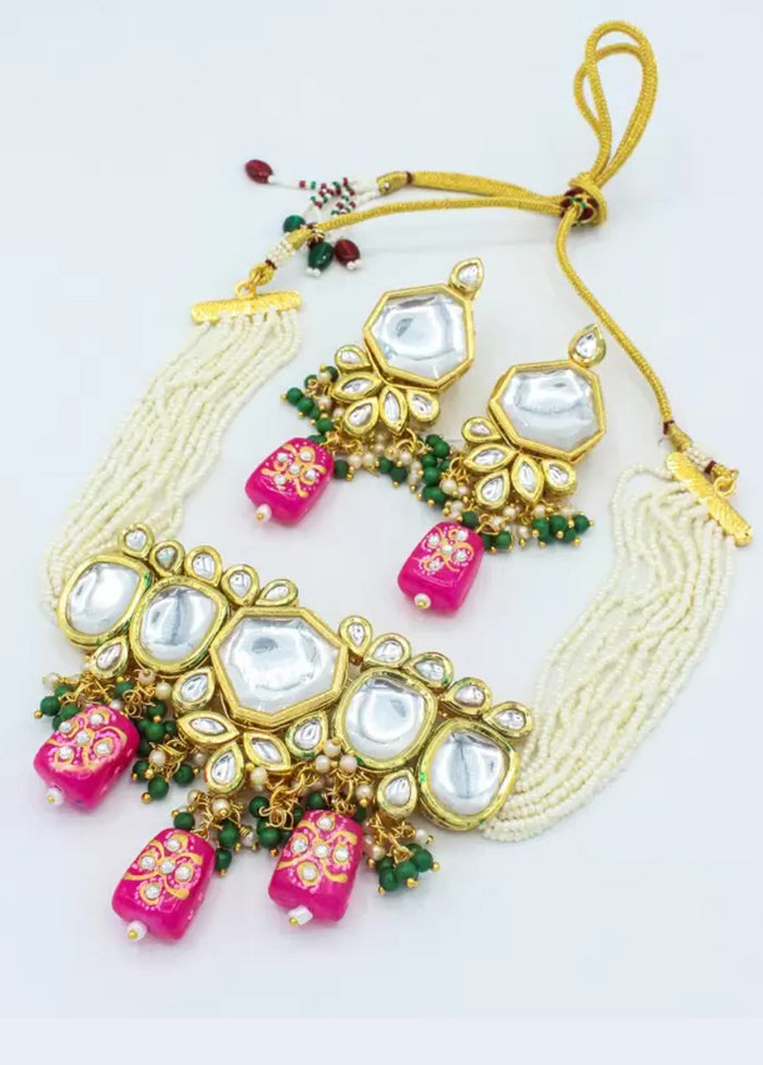 Pink Beaded Polki Kundan Choker Set - Indian Silk House Agencies