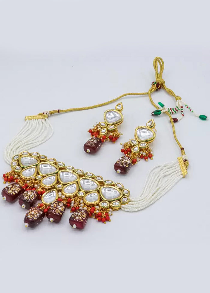 Wine Beaded Kundan Choker Set - Indian Silk House Agencies