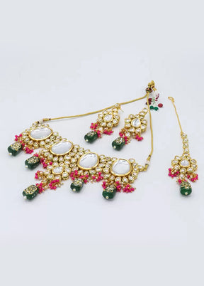 Bottle Green Beaded Kundan Choker Set With Mangtika - Indian Silk House Agencies