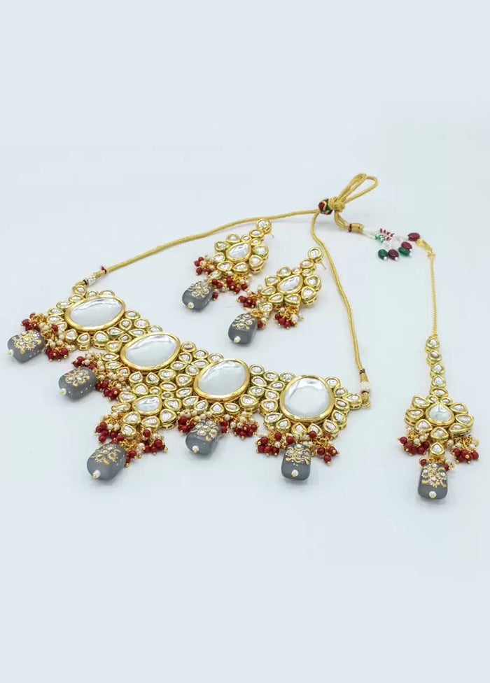 Grey Beaded Kundan Choker Set With Mangtika - Indian Silk House Agencies