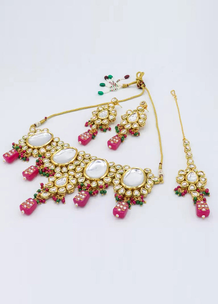 Rani Pink Beaded Kundan Choker Set With Mangtika - Indian Silk House Agencies