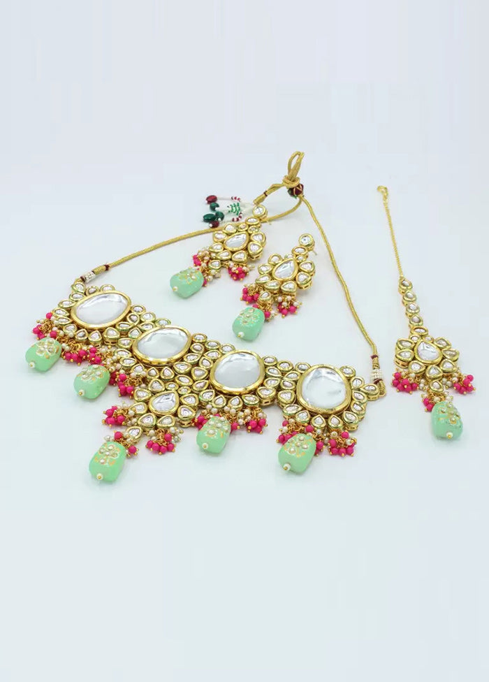 Mint Green Beaded Kundan Choker Set With Mangtika - Indian Silk House Agencies