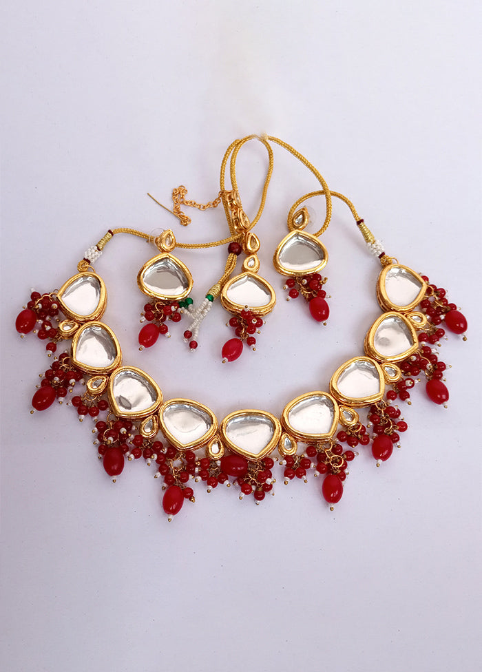 Kundan Studded Red Jewellery Set With Mangtika - Indian Silk House Agencies