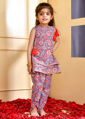 Blue Cotton Block Print Kurti Dhoti - Indian Silk House Agencies