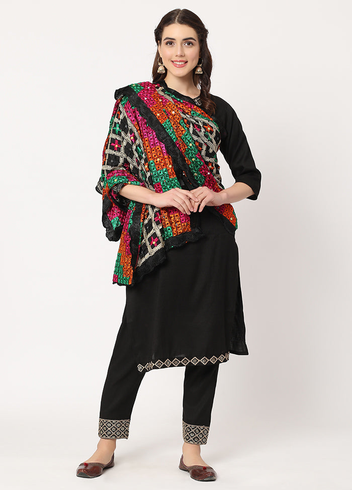 Black Chiffon Phulkari Embroidered Work Dupatta - Indian Silk House Agencies