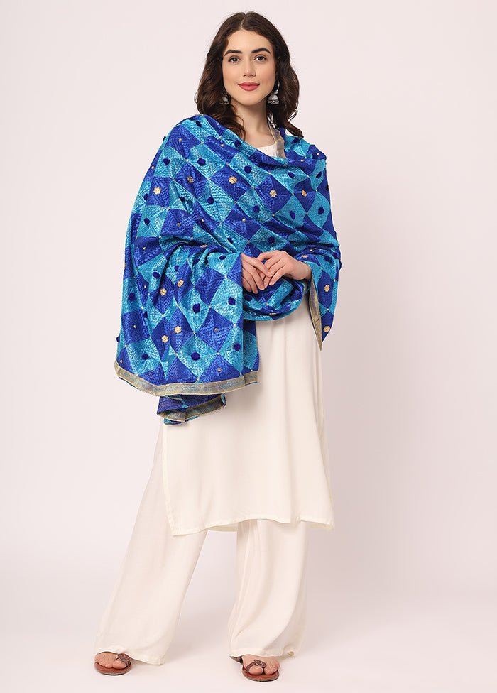 Blue Chiffon Phulkari Embroidered Work Dupatta - Indian Silk House Agencies