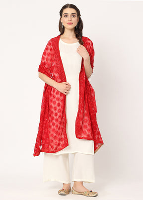 Red Chiffon Phulkari Embroidered Work Dupatta - Indian Silk House Agencies