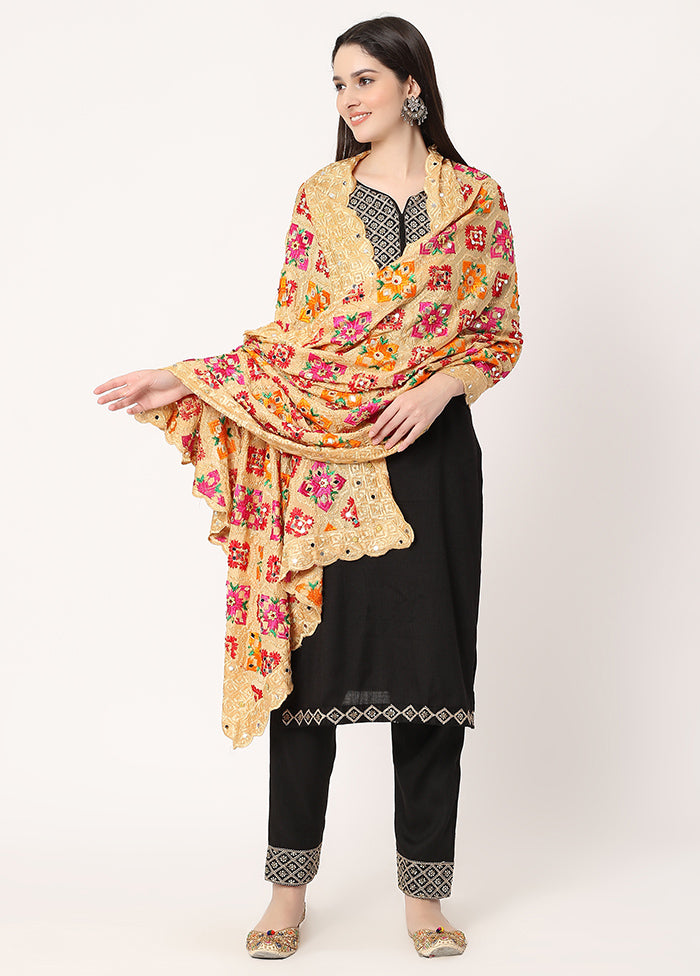 Beige Chiffon Phulkari Embroidered Work Dupatta - Indian Silk House Agencies
