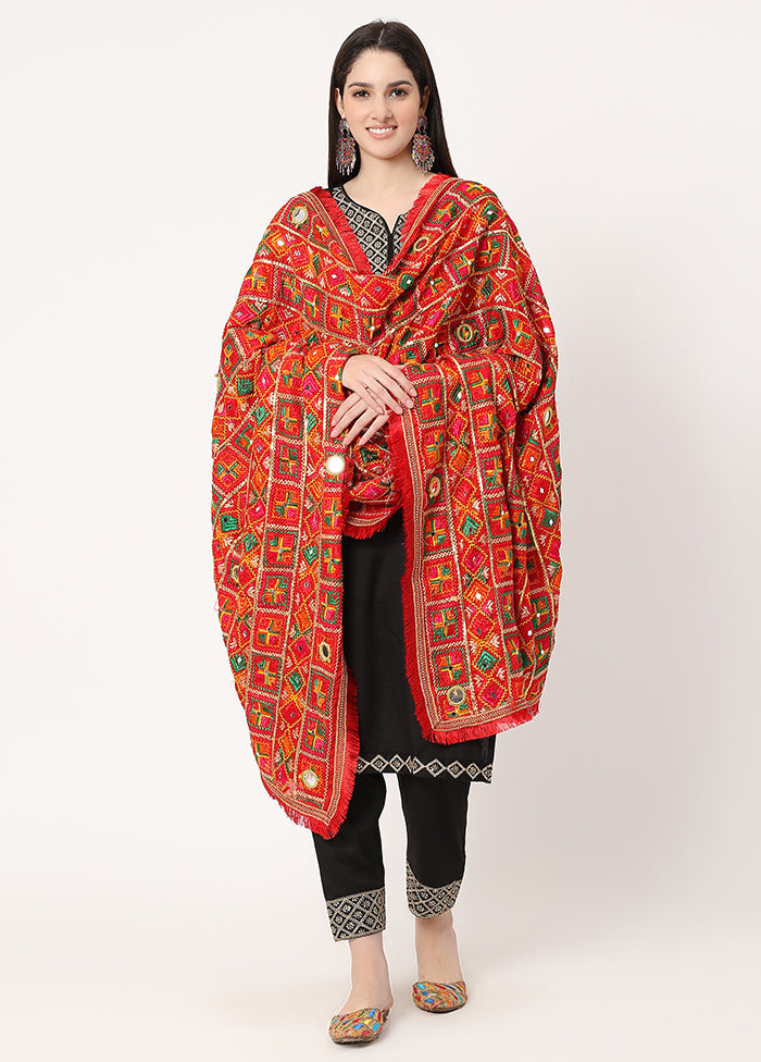 Red Chiffon Phulkari Embroidered Work Dupatta - Indian Silk House Agencies