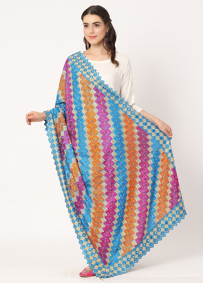 Blue Chiffon Phulkari Embroidered Work Dupatta - Indian Silk House Agencies