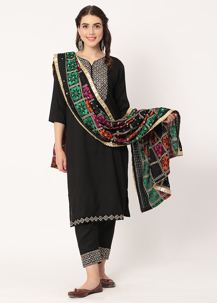 Black Chiffon Phulkari Embroidered Work Dupatta - Indian Silk House Agencies