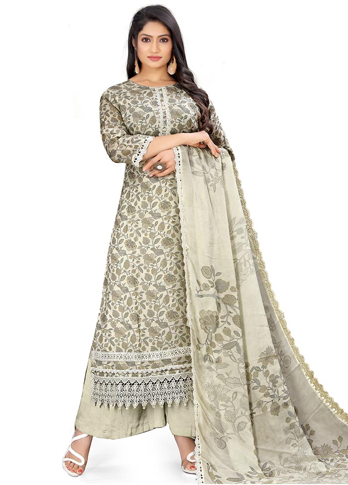 3 Pc Cream Unstitched Georgette Suit Set - Indian Silk House Agencies
