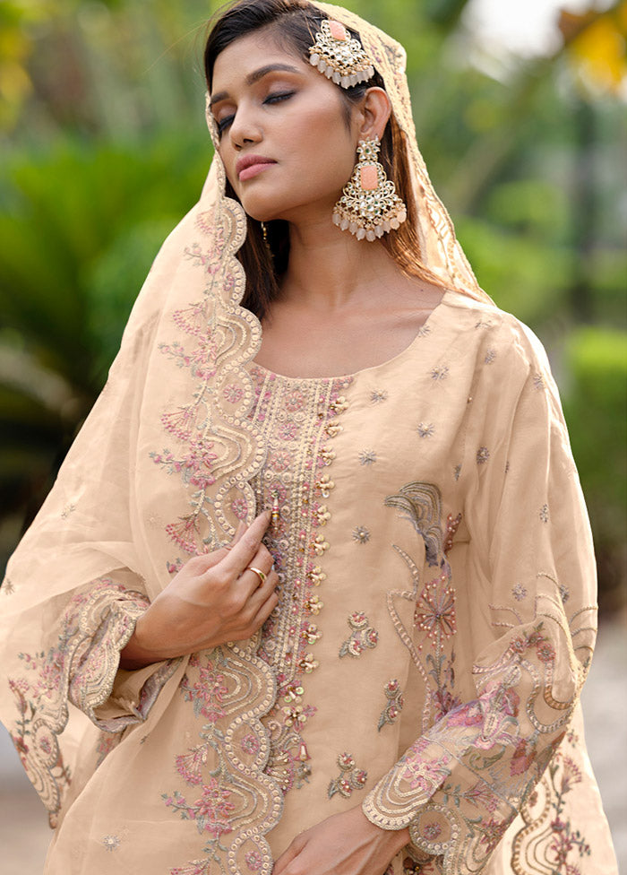 3 Pc Cream Readymade Organza Suit Set - Indian Silk House Agencies