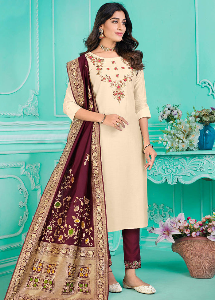 3 Pc Multicolor Semi Stitched Silk Suit Set - Indian Silk House Agencies