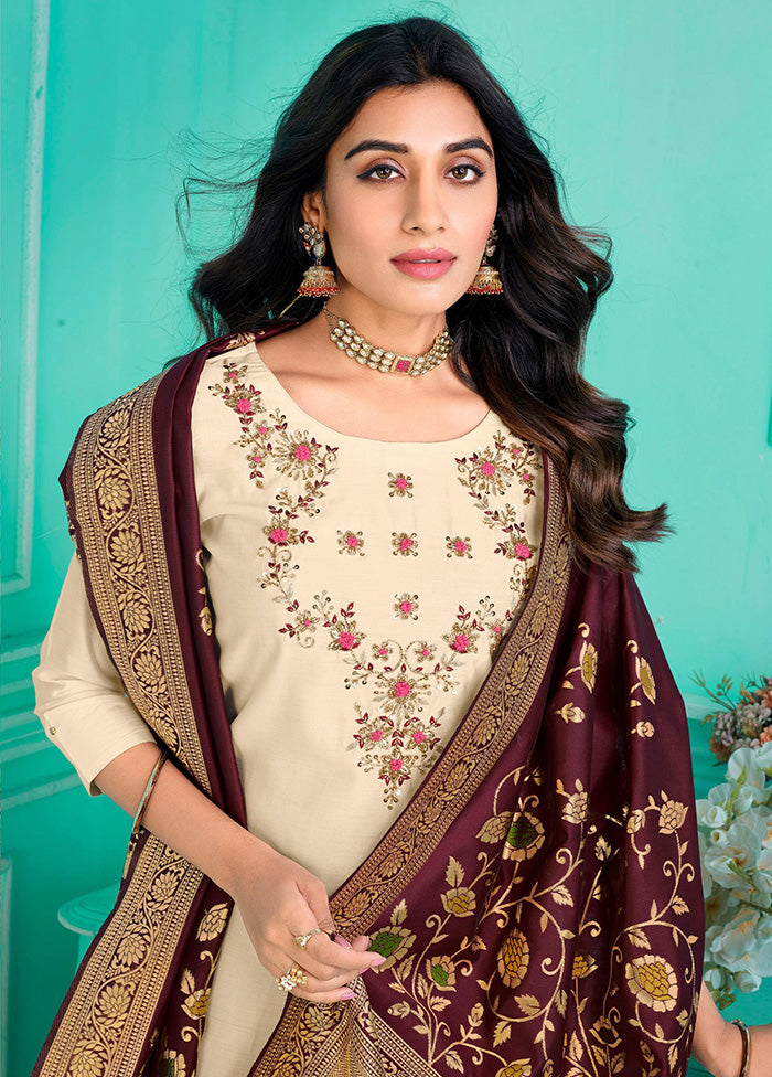 3 Pc Multicolor Semi Stitched Silk Suit Set - Indian Silk House Agencies