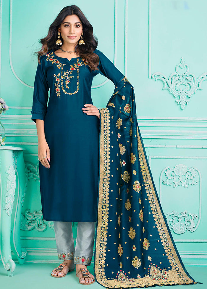 3 Pc Multicolor Semi Stitched Silk Suit Set - Indian Silk House Agencies