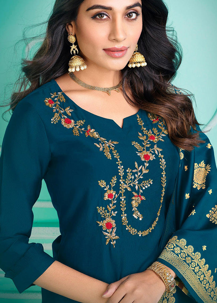 3 Pc Multicolor Semi Stitched Silk Suit Set - Indian Silk House Agencies