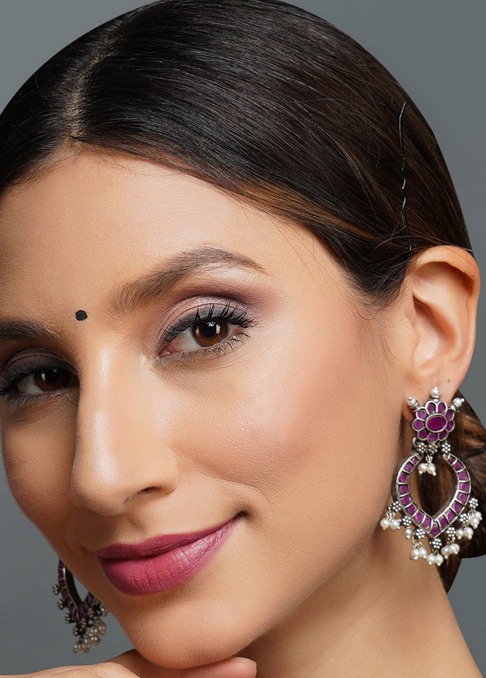 White Beads Pattern Silver Tone Brass Earrings - Indian Silk House Agencies