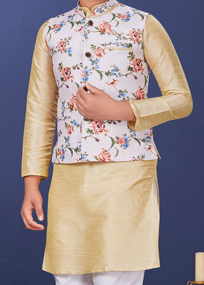Beige Zari Woven Kurta Pajama With Jacket Set With Jacket - Indian Silk House Agencies