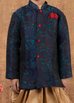 2 Pc Navy Blue Dupion Silk Kurta Dhoti Set - Indian Silk House Agencies